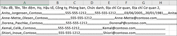 Ví dụ về tệp .csv được lưu ở định dạng .xls.