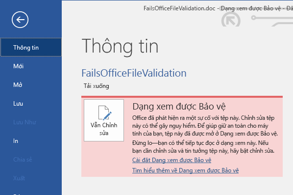 Backstage khi Không Xác thực được Tệp Office trong Dạng xem được Bảo vệ