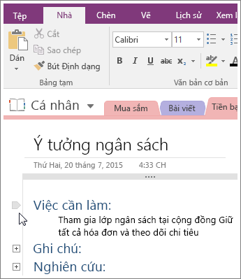 Ảnh chụp màn hình về cách thu gọn dàn bài trong OneNote 2016.