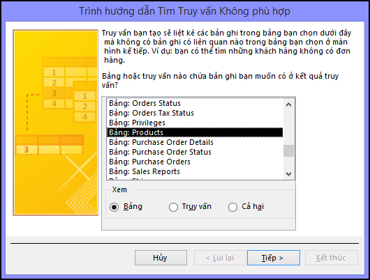 Chọn một bảng hoặc truy vấn trong hộp thoại Trình hướng dẫn Truy vấn Tìm Không khớp