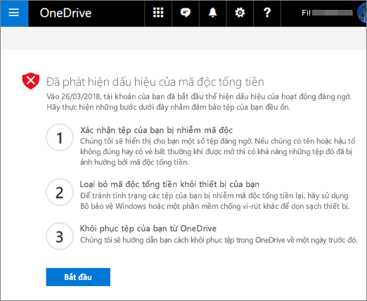 Ảnh chụp màn hình của màn hình Dấu hiệu của mã độc tống tiền được phát hiện trên website OneDrive