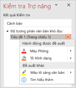 Menu thả xuống cho một sự cố trong Bộ kiểm tra Trợ năng, hiển thị các danh sách Hành động được Đề xuất và Đề xuất khác