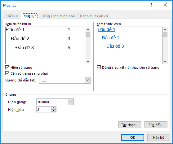 Sử dụng hộp thoại Mục Lục để tùy chỉnh giao diện cho mục lục.