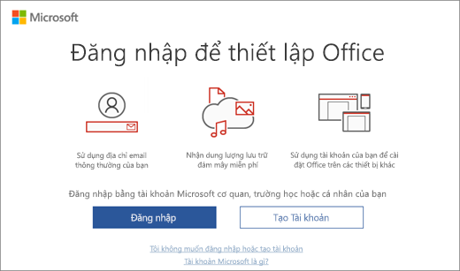 Hiển thị trang "Đăng nhập để thiết lập Office" có thể xuất hiện sau khi bạn cài đặt Office