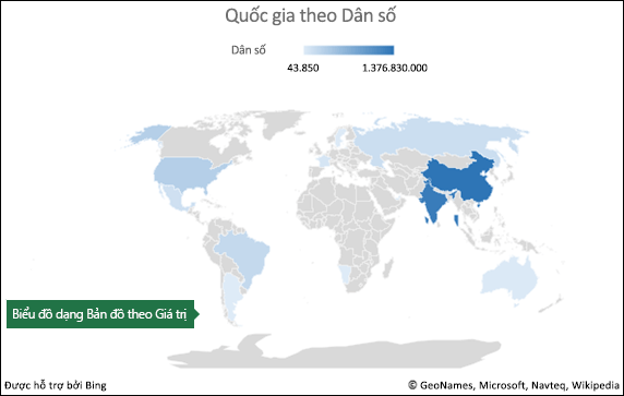 Biểu đồ dạng Bản đồ trong Excel với dữ liệu Giá trị