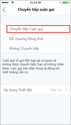 Màn hình chuyển tiếp cuộc gọi trong Skype for Business for iOS