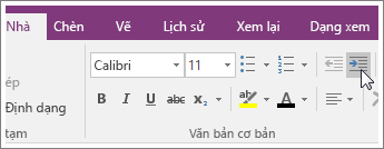 Ảnh chụp màn hình của nút Tăng Thụt lề trong OneNote 2016.