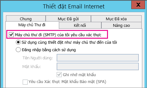 Chọn máy chủ thư đi của tôi yêu cầu xác thực.