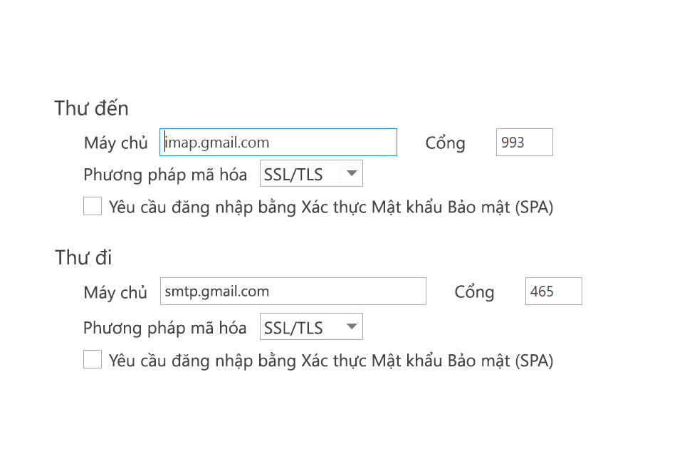 Đã bỏ chọn SPA trong cài đặt IMAP