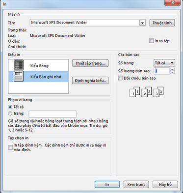 Tùy chọn máy in trong hộp thoại In trong Outlook