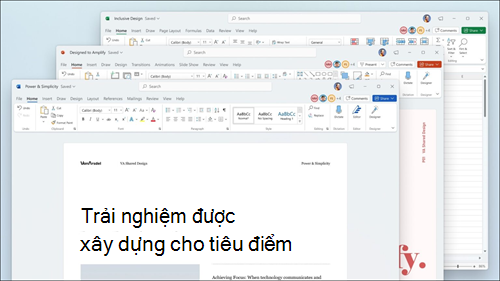 Word, Excel và PowerPoint được hiển thị cùng với các cập nhật trực quan trong dải băng và các góc tròn để khớp với giao Windows 11 người dùng.