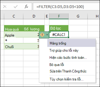 #CALC! lỗi - Mảng Trống