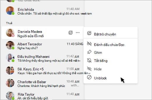 Ảnh chụp màn hình hiển thị cách bỏ chặn ai đó khỏi ngăn trò chuyện