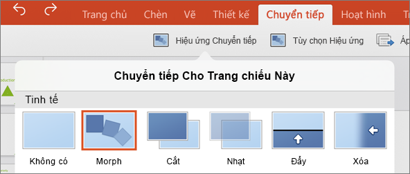 Hiển thị chuyển tiếp Biến đổi trong menu chuyển tiếp PowerPoint 2016 cho iPad