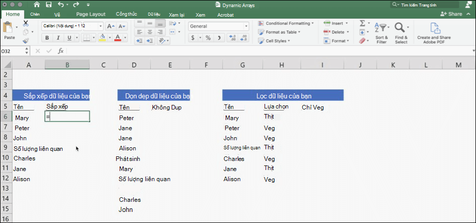 Ảnh chụp màn hình Excel với dữ liệu sử dụng mảng động