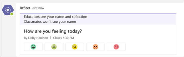 như hiển thị trong kênh nhóm lớp học. 5 nút biểu tượng cảm xúc khác nhau, từ rất thoải mái đến rất khó chịu bên dưới câu hỏi check-in "hôm nay bạn cảm thấy như thế nào?"
