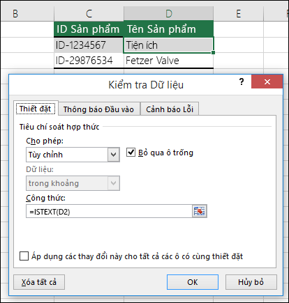 Ví dụ 2: Công thức trong xác thực dữ liệu