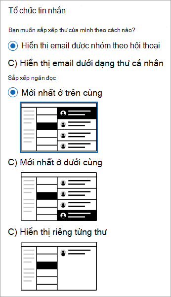 Ảnh chụp màn hình thiết đặt > bố> Bố trí thư hiển thị phần Tổ chức thư