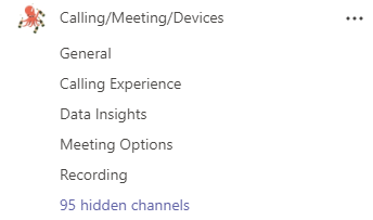 Nhóm tên là Gọi/Cuộc họp/Thiết bị có các kênh Chung, Thông tin Chuyên sâu về Dữ liệu, Tuỳ chọn Cuộc họp và Bản ghi. Nhiều kênh khác đã được ẩn đi.
