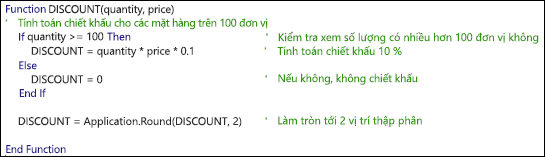 Ví dụ về hàm VBA có Chú thích