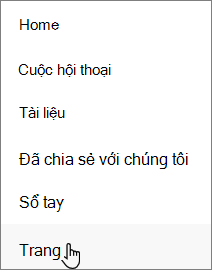 Dẫn hướng bên trái trong SharePoint, với Trang được chọn