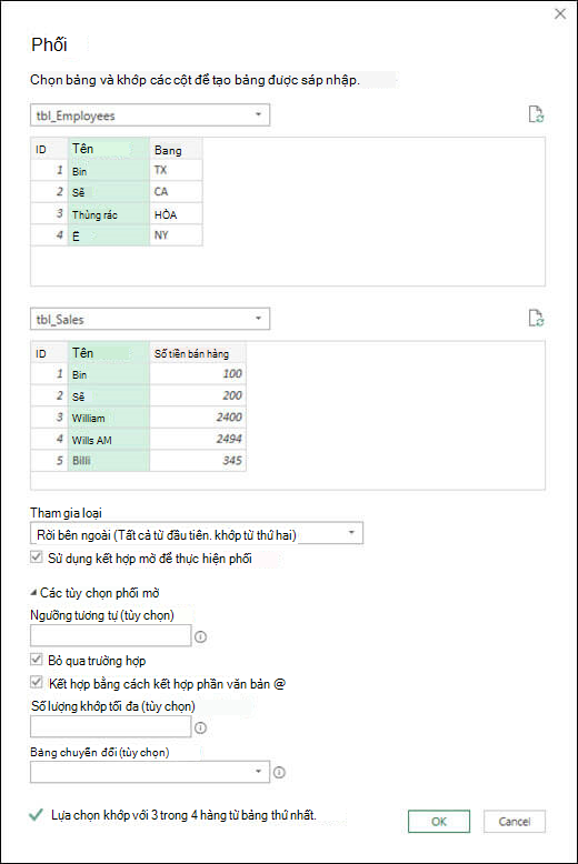 Các tùy chọn phối mờ trong Power Query