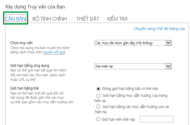 Tab CƠ BẢN khi cấu hình các truy vấn trong Phần Web Tìm kiếm Nội dung