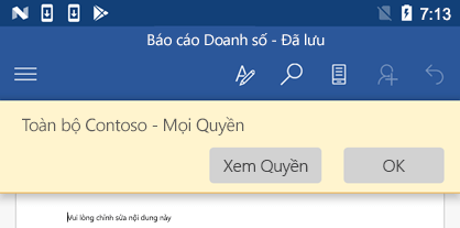 Khi bạn mở một tệp được bảo vệ bằng IRM trong Office for Android, bạn có thể xem các quyền mình đã được gán.