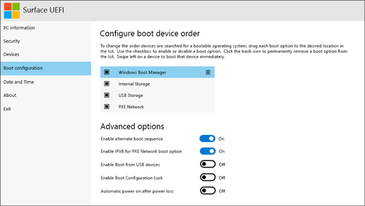 Màn hình đặt cấu hình thứ tự thiết bị khởi động trong Surface UEFI