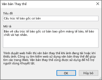 Ảnh chụp màn hình hộp thoại văn bản thay thế trong OneNote với các văn bản mẫu trong trường Tiêu đề và Mô tả.