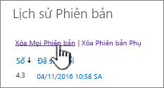 Hộp thoại Phiên bản, với xóa tất cả các phiên bản được tô sáng