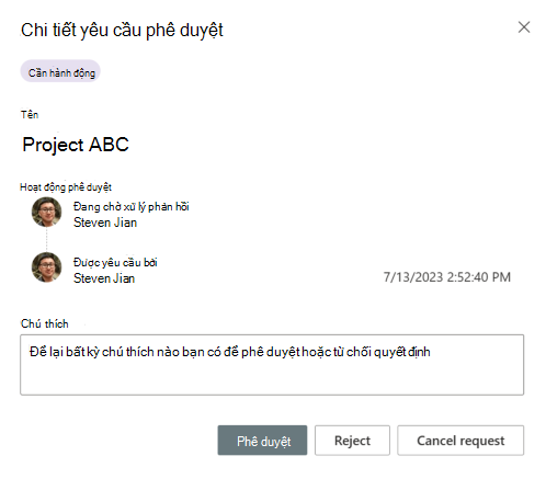 Ảnh chụp màn hình hiển thị hộp thoại Chi tiết yêu cầu phê duyệt.