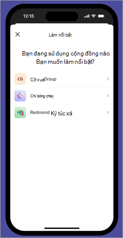 Ảnh chụp màn hình tính năng tùy chọn cộng đồng của bạn cho nhiều chủ sở hữu trong Microsoft Teams (miễn phí) trên thiết bị di động.