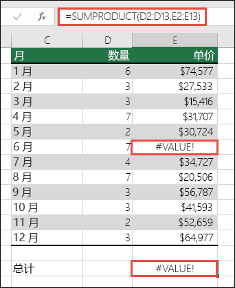 单元格 E15 中的公式显示 #VALUE! 错误，因为 E 列中存在 #VALUE! 错误。