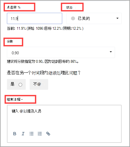 显示结果如何汇总和影响父目标的进度的屏幕截图，其中点击率、状态、分数和结束备注用红框勾勒。