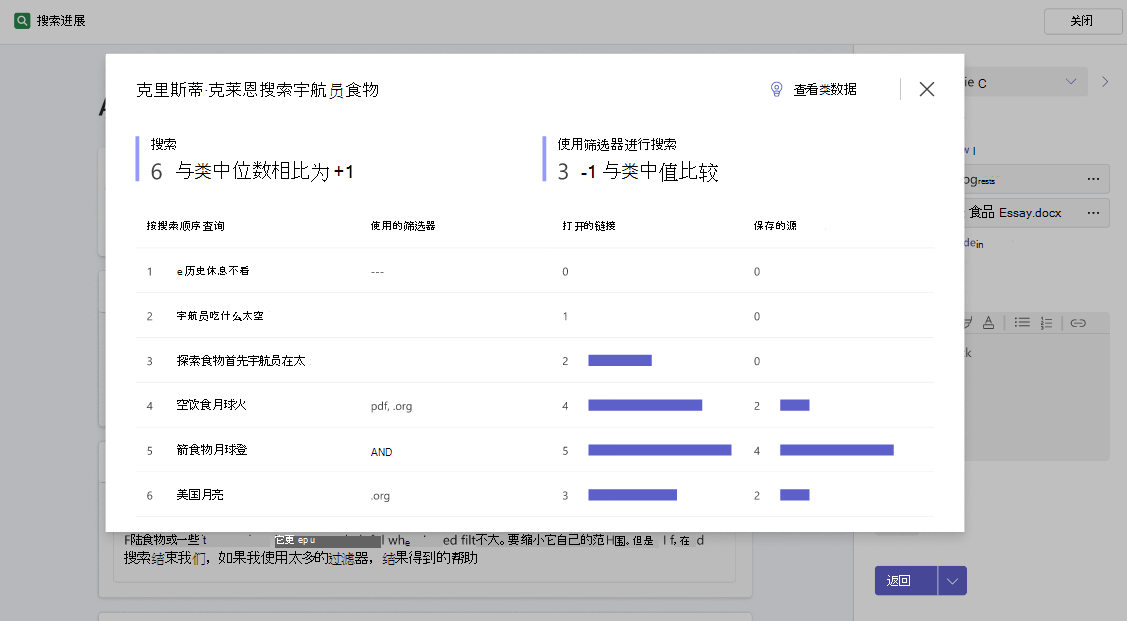 弹出窗口，显示学生完成的搜索的更详细概述，以及这些搜索的数量以及使用筛选器执行的搜索数与课堂中位数的比较情况。