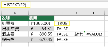 单元格 F2 为 =ISTEXT(E2) 且结果为 TRUE