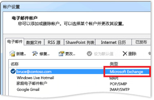 “帐户设置”对话框中的 Exchange 帐户示例