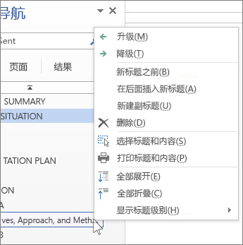 导航窗格中标题的右键单击菜单选项