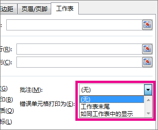 在“工作表”选项卡上，选择“批注”下的选项