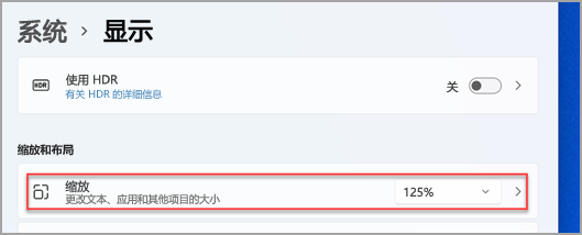 在 Windows 11 设置中查找“缩放”菜单的位置。