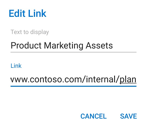 Outlook for Android 编辑链接对话框。