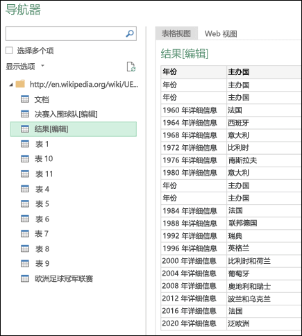 Power Query > 自网站 > 导航器表格视图