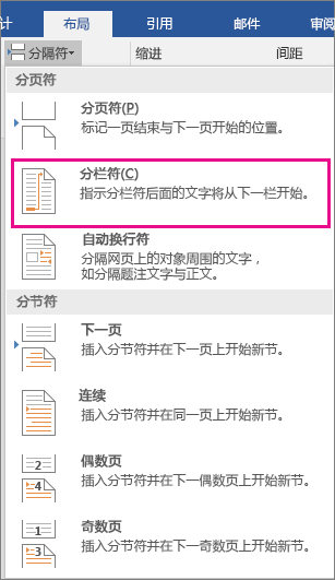 “分栏符”菜单上已突出显示“栏”选项。
