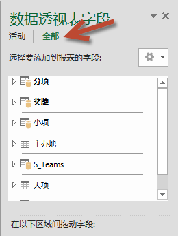 在“数据透视表字段”中单击“全部”以显示所有可用的表
