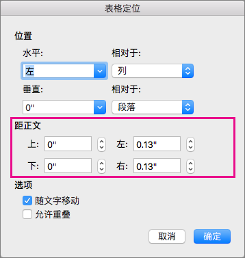 在周围文本的“间距”下，设置所选表格和正本之间的间距。