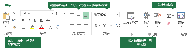 “开始”选项卡，包含剪切、复制、粘贴、粘贴格式按钮；格式设置选项，如字体、对齐和数字格式；插入行/列；求和及排序