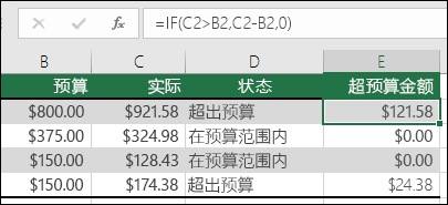 单元格 E2 中的公式是 =IF(C2>B2,C2-B2,"")