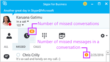 从 Skype for Business 即时消息页面访问错过的消息