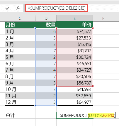 造成错误的 SUMPRODUCT 公式为 =SUMPRODUCT(D2:D13,E2:E10) - E10 需要更改为 E13 才可与第一个范围匹配。